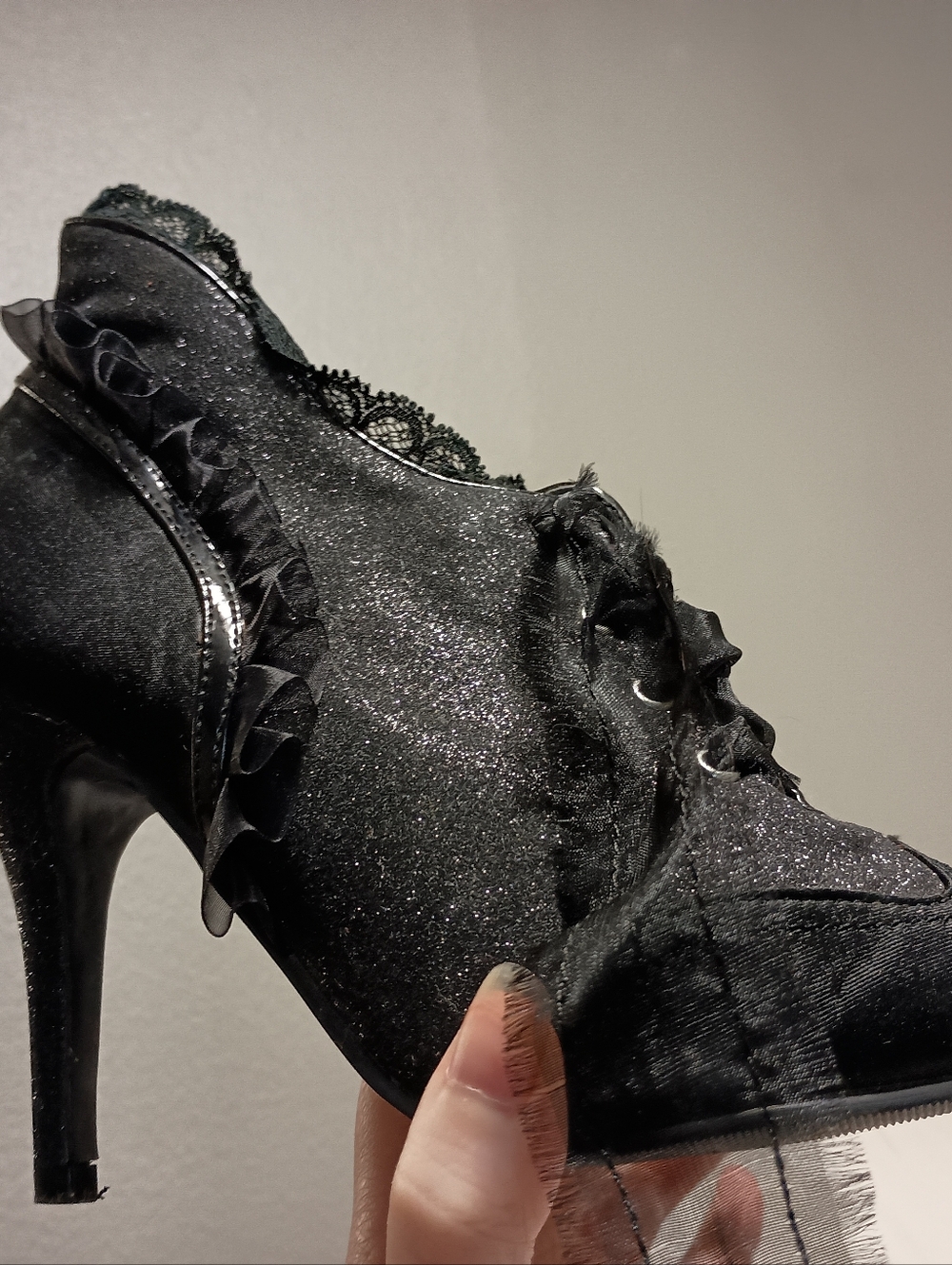 Sparkly Witch Booties; Black Lace-Up Victorian-Inspired Women's Ankle Boots